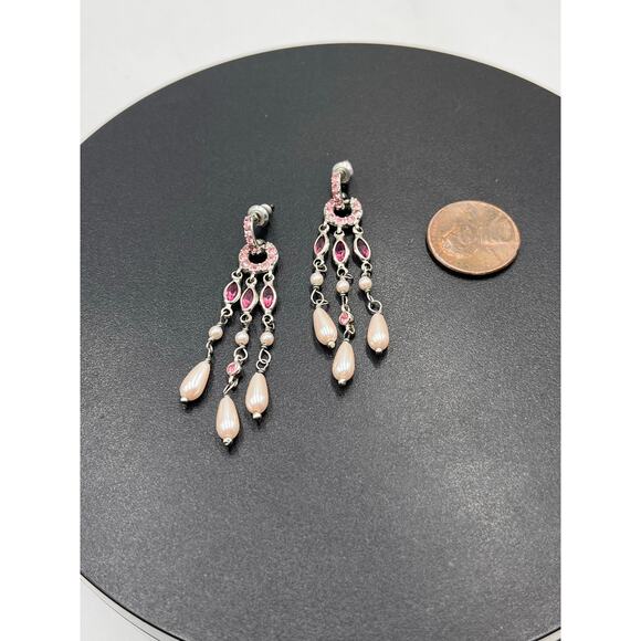 Monet Pink Pave Rhinestone Faux Teardrop Pearls Dangle Chandelier Earrings - Picture 7 of 8